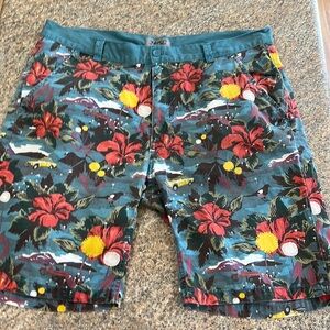 WESC Teal Floral Print Men's Shorts with Red & Yellow Accents